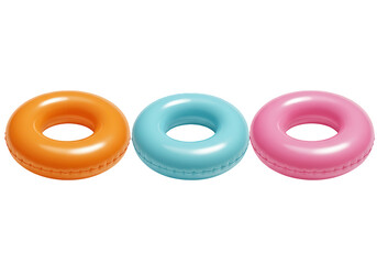 Three colorful inflatable swimming rings in orange blue and pink isolated on transparent background