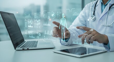 Innovative Healthcare: A Doctor Interacts with Advanced Medical Technology, Analyzing Data for Enhanced Patient Care, Modern Medicine and Future of Healthcare