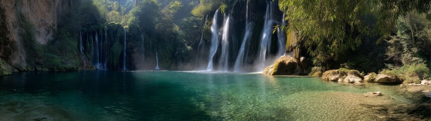 Majestic waterfall adventure nature reserve hdr panoramic view 360 degrees serenity
