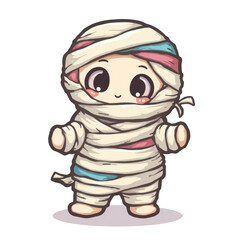 Obraz premium Adorable cartoon mummy with big eyes wrapped in bandages stands on a black background, perfect for Halloween designs.