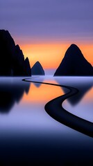 A breathtaking landscape photograph showing the majestic beauty of two towering mountains on either side, with the sun rising between them, spilling bright colors across the sky. Bright shades of oran