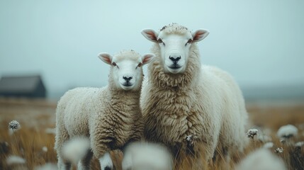 Fototapeta premium A mother sheep and her lamb stand together in a tranquil field, surrounded by soft flowers and a distant barn