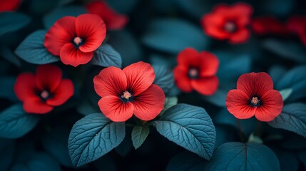 Obraz premium Vivid red hibiscus blooms pop against lush green leaves, highlighting tropical beauty