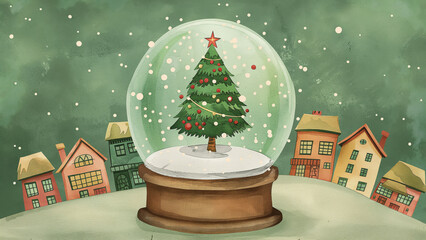 Christmas tree inside snow globe with houses in background. Holiday illustration concept.  
