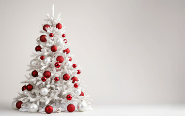White Christmas tree decorated with red and silver ornaments. Modern holiday interior.  
