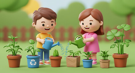 Cartoon children watering plants in a garden, showing environmental care and friendship.