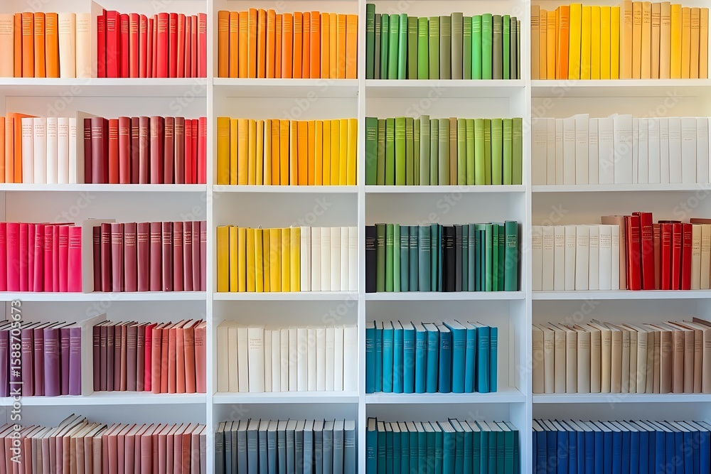 Poster colorful books arranged by spectrum on white shelves create rainbow pattern. organized library colle