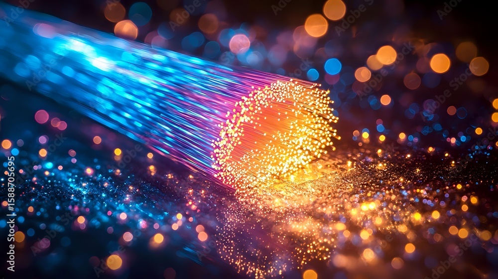 Poster glowing abstract light trails with orange and blue bokeh effects create dynamic motion against dark 