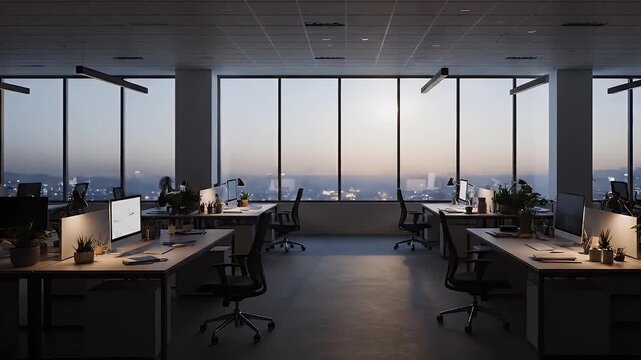 Time-lapse office floor from day to night, backlit windows transitioning in color temperature