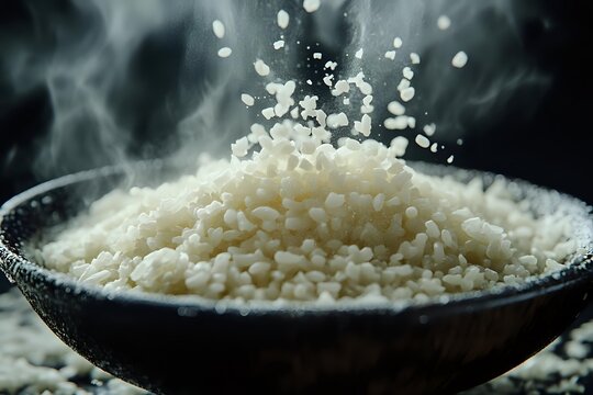 White rice grains falling into black ceramic bowl with steam and dramatic lighting, macro food photography showing texture and movement against dark background.