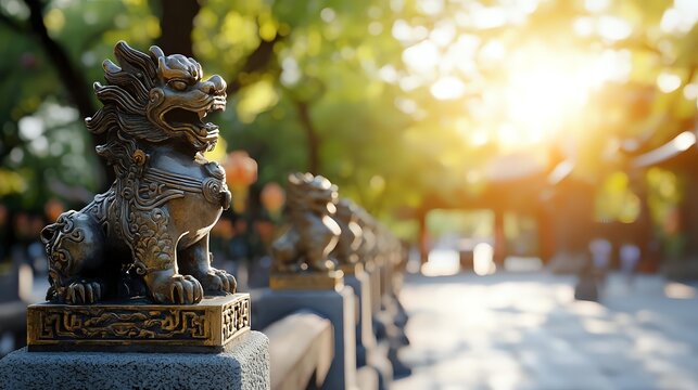 Guardian stone lion statue with ornate Asian design details against blurred temple path and golden sunlight background creates peaceful spiritual atmosphere.