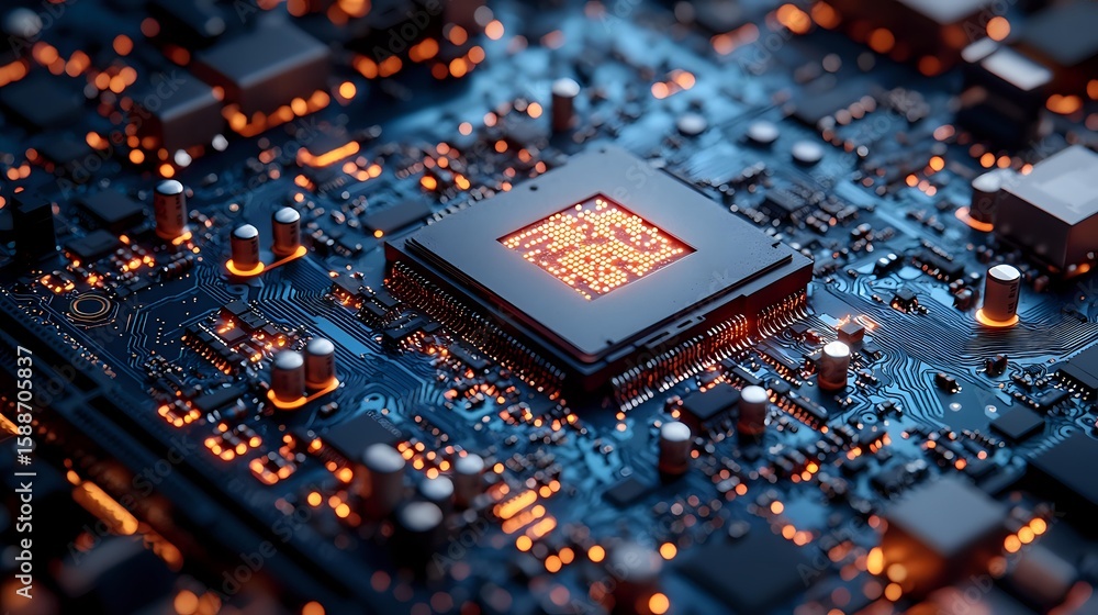 Poster glowing microprocessor on blue circuit board with orange light effects, modern computer hardware tec