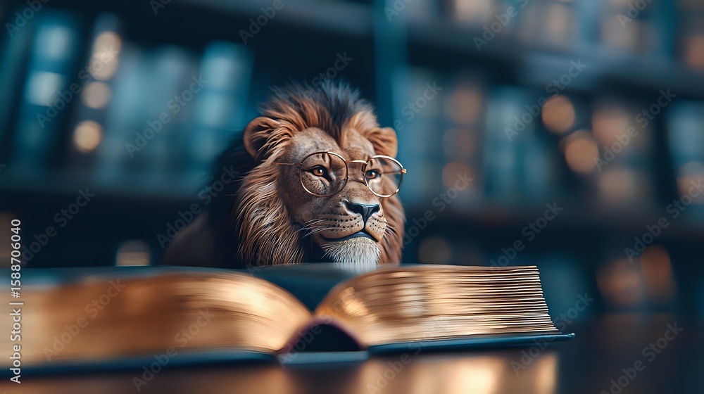 Poster majestic lion wearing glasses studies open book in library setting with bokeh lights background, com