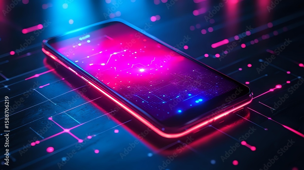Poster futuristic smartphone with glowing pink and blue neon lights on dark surface, digital network connec