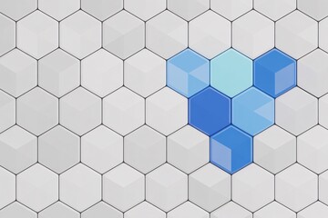Naklejka premium Blue hexagon tiles standing out among white hexagons symbolizing innovation, uniqueness, and contrast.