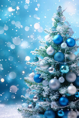 Blue and silver Christmas tree decorated with shiny ornaments. Winter holiday theme.  
