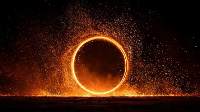 A mesmerizing display of spinning fire creates a captivating circular portal in the darkness emanating sparks everywhere.