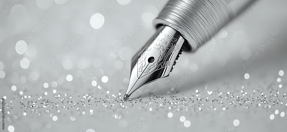 Aufkleber elegant fountain pen nib with silver metallic finish against sparkling bokeh background in monochrom