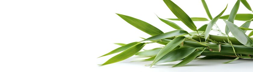 Obraz premium Fresh green bamboo leaves and stems on white background, natural organic element isolated for wellness and spa designs, oriental decor concept.