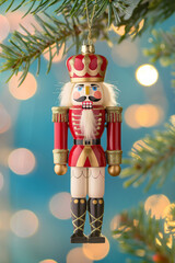 Close-up of festive nutcracker hanging on pine tree with Christmas lights. Traditional holiday scene.  
