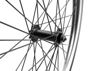 Precision Bicycle Component: Close-Up of a Bike Wheel Hub and Spokes, Emphasizing Sleek Engineering and Durable Materials. Ideal for Sporting Goods, Repair Parts, and Active Lifestyle Visuals on White