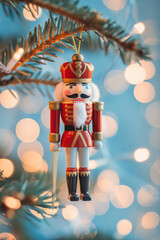 Traditional nutcracker soldier ornament hanging on Christmas tree. Holiday decoration concept.  
