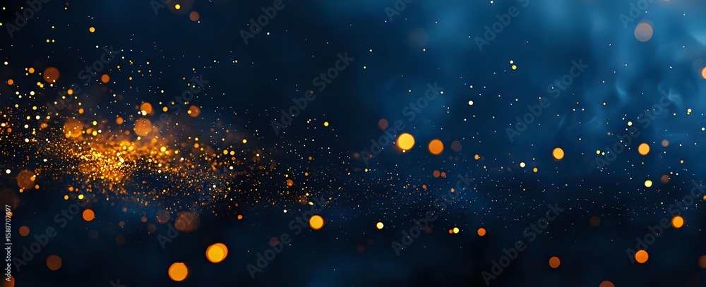 Poster magical glowing golden particles floating on dark blue background with bokeh light effect, creating 