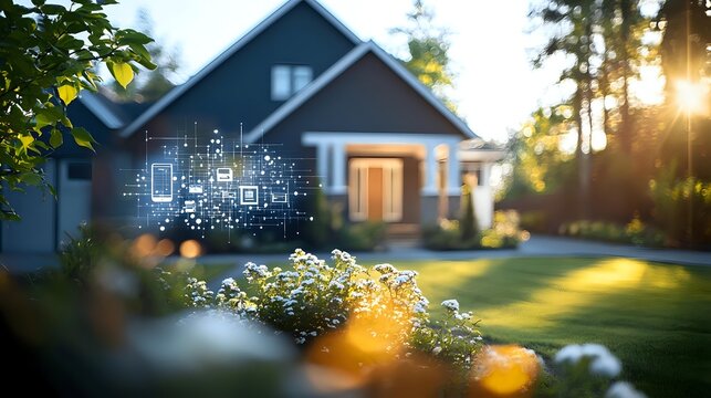 Smart home technology concept shown through glowing digital interface overlay on modern house exterior with sunset garden view and blooming flowers in foreground.