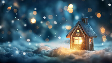  Tiny gingerbread house glowing in snowy landscape at night. Christmas fantasy theme.  
