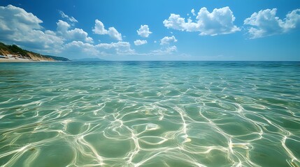 Tranquil turquoise ocean water with sunlight reflections creating ripple patterns on surface, dramatic white clouds in bright blue sky over distant coastline.