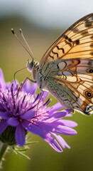 Beautiful butterfly with intricate orange, brown, and black patterns rests delicately on vibrant purple flower, showcasing its detailed wings