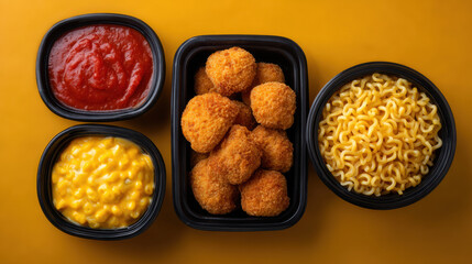 Unhealthy ultra-processed food. Crispy chicken nuggets with macaroni and cheese, tomato sauce, and noodles in black containers on yellow background