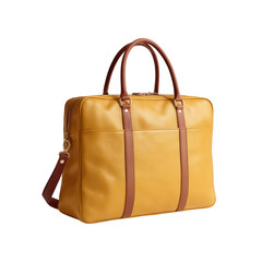 Stylish yellow leather bag with brown handles, perfect for work or travel. Designed for convenience and elegance, it offers ample space for essentials.