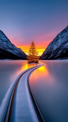 A breathtaking landscape photograph showing the majestic beauty of two towering mountains on either side, with the sun rising between them, spilling bright colors across the sky. Bright shades of oran