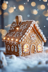 Festively decorated gingerbread house with glowing lights in snow. Christmas dessert scene.  
