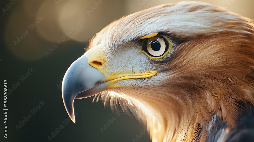 Poster close-up profile portrait of golden eagle head with sharp curved beak and piercing yellow eye agains