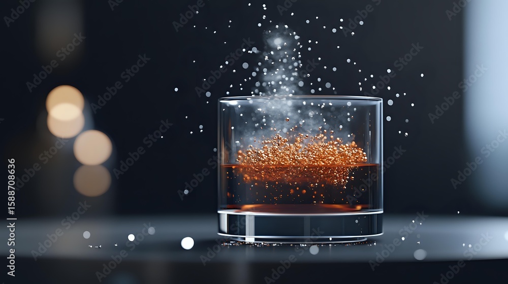 Aufkleber magical sparkling particles float above glass of copper-colored liquid against dark background with 