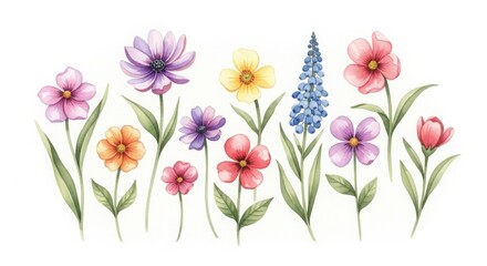 Watercolor floral arrangement with purple pink yellow blue flowers
