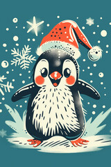 Cute cartoon penguin in Santa hat with snowflakes. Christmas illustration concept.  
