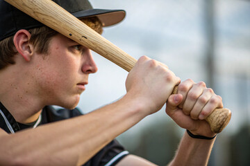 male athlete gripping a wooden baseball bat