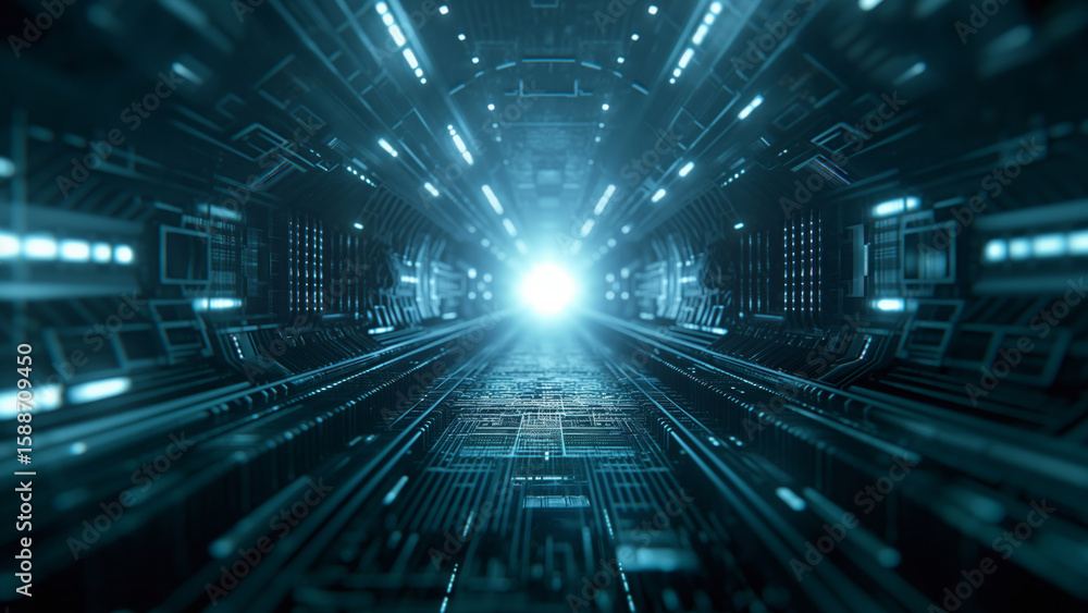 Poster high-tech glowing tunnel with digital circuitry and central light source. innovation concept.