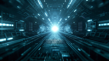 High-tech glowing tunnel with digital circuitry and central light source. Innovation concept.  

