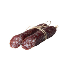 Two tasty sausages tied with twine, showcasing a rich texture and color, perfect for culinary or food-related themes.