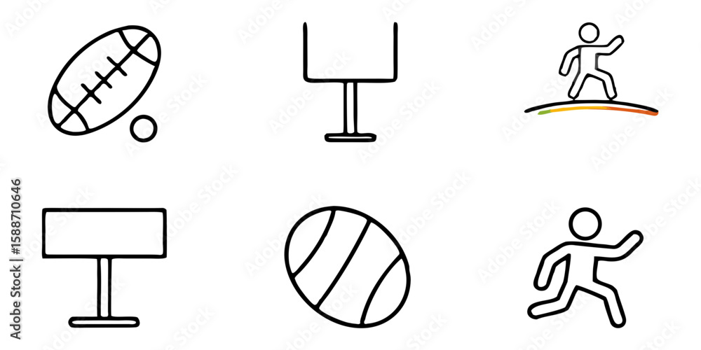 Poster line art icons of rugby elements and player in motion