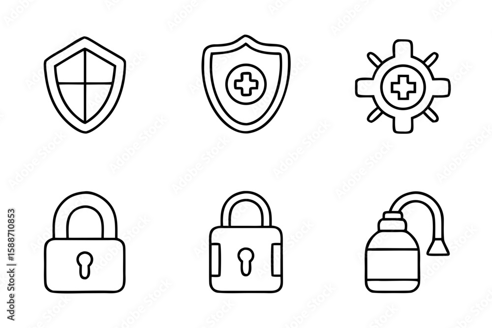 Poster line icons of security elements including shields and locks