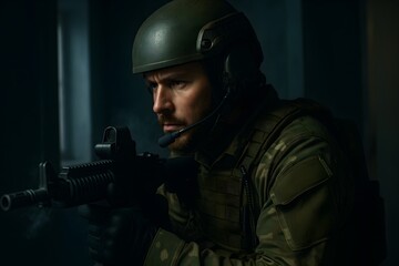 Fototapeta premium Elite Focus Under Pressure. Mental Strength in Tactical Environments for Peak Performance