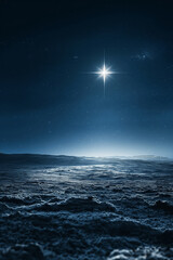 Bright star shining over snowy desert landscape at night. Christmas nativity concept.  
