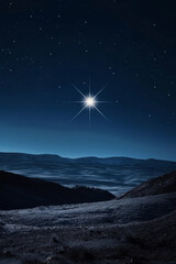  Bright star over frosty mountain valley at night. Christmas nativity background.  
