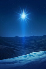 Obraz premium Star of Bethlehem above snowy hills at night. Nativity and Christmas concept. 