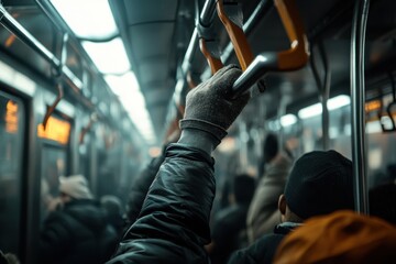 Busy subway car with standing passengers during rush hour urban transport setting gigapixel quality viewpoint capturing daily commute life